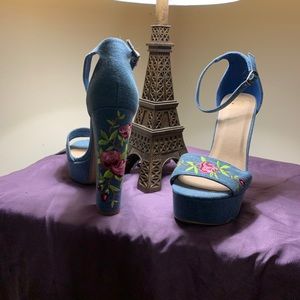 Embroidered Floral Design Denim Platform Heels